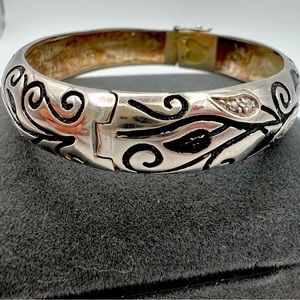 Vintage Brighton 925 Sterling Silver Black Enamel Crystal Hinged Bangle RARE!